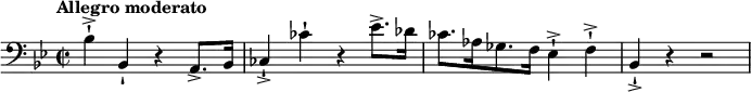 
\relative c' {
  \new Staff {
    \set Staff.midiInstrument = #"piano" \key bes \major \clef bass \time 2/2 \set Score.tempoHideNote = ##t \tempo "Allegro moderato" 4 = 120
    bes4 -! -> bes,4 -! r4 a8. -> bes16 |
    ces4 -! -> ces'4 -! r4 es8. -> des16 |
    ces8. as16 ges8. f16 es4 -! -> f4 -! -> |
    bes,4 -! -> r4 r2 |
  }
}
