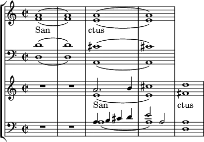 
<<
\new StaffGroup <<
\new Staff \with { \magnifyStaff #1.0 \consists "Merge_rests_engraver" } { \clef treble \time 2/2 \key a \minor
  \set Staff.midiInstrument = "choir aahs"
  \set Staff.midiMinimumVolume = #0.2
  \set Staff.midiMaximumVolume = #0.6
  \relative c'
  << { a'1( a)  a( a) } \\
  { f1( f)  e( e) } >>
}
\addlyrics { San -- _ -- ctus }
\new Staff \with { \magnifyStaff #1.0 \consists "Merge_rests_engraver" } { \clef bass \key a \minor \set Staff.midiInstrument = "choir aahs" 
  \relative c'
  << { d1( d)  cis( cis) } \\
  { d,1( d)  a( a) } >>
}
\new Staff \with { \magnifyStaff #1.0 \consists "Merge_rests_engraver" } { \clef treble \time 2/2 \key a \minor
  \set Staff.midiInstrument = "choir aahs"
  \set Staff.midiMinimumVolume = #0.7
  \set Staff.midiMaximumVolume = #1.0
  \relative c'
  << { R1 R a'2. b4 cis1 d1 } \\
  { R1 R | e,( e) fis } >>
}
\addlyrics { San -- _ -- _ -- ctus }
\new Staff \with { \magnifyStaff #1.0 \consists "Merge_rests_engraver" } { \clef bass \key a \minor \set Staff.midiInstrument = "choir aahs" 
  \relative c'
  << { R1 R a4 b cis d e2 a, a1 } \\
  { R1 R a( a) d, } >>
}
>>
>>
\layout { indent = #0 }
\midi { \tempo 4 = 120 }
