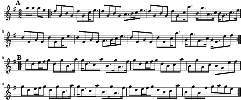 
\version "2.18.2"
<< <<
\new Staff { \set Staff.midiInstrument = "violin" \clef treble  \key g \major \numericTimeSignature \time 2/2 \partial 2 \relative g'' { 
        \mark \default g8 [ g8 ] g8 [ e8 ]  \repeat volta 2 {
        d8 [ g,8 b8 g8 ] d'8 [ g,8 c16 e8. ] | % 3
        d8 [ g,8 b8 g8 ] a8. [ b16 c16 e8. ] | % 4
        d8 [ g,8 b8 g8 ] d'8 [ g,8 c16 a'8. ] | % 5
        b,16 [ g'8. a,8. c16 ] b16 [ g8. c8. e16 ] \break | % 6
        d8 [ g,8 b8 g8 ] d'8 [ g,8 c16 e8. ] | % 7
        d8 [ g,8 b8 g8 ] a8. [ b16 c16 e8. ] | % 8
        d8 [ g,8 b8 g8 ] d'8 [ g,8 c16 a'8. ] | % 9
        b,16 [ g'8. a,8. c16 ] b16 [ g8. e'8 fis8 ] \break | \barNumberCheck #10 }
    \repeat volta 2 {
        \mark \default g8 [ d8 e16 fis16 g8 ] d8 [ g8 b,8. a'16 ] | % 11
        g16 [ d8. c8 a'8 ] b,8. [ g'16 a,8. fis'16 ] | % 12
        g8 [ d8 e16 fis16 g8 ] d8 [ b8 c8 a'8 ] | % 13
        b,8 [ g'8 a,8 c8 ] b8 [ g8 e'8 fis8 ] \break | % 14
        g8 [ d8 e16 fis16 g8 ] d8 [ g8 b,8. a'16 ] | % 15
        g16 [ d8. c8 a'8 ] b,8. [ g'16 a,8. fis'16 ] | % 16
        g8 [ d8 e16 fis16 g8 ] d8 [ b8 c8 a'8 ] | % 17
        b,8 [ g'8 a,8 fis'8 ] g8 [ a8 g8 e8 ] }
} }
>> >>
\layout { indent = #0 }
\midi { \tempo 4 = 100 }
