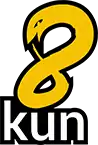 A yellow brush-stroke styled 8 outlined in black, with "kun" underneath in white text outlined in black