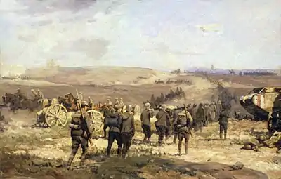 Colour painting depicting a battle scene in which a line of soldiers advance on foot towards a ridge. To their right mounted soldiers move to the rear, while a tank is on the right