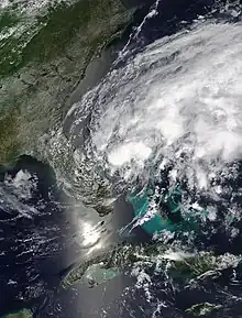 Satellite picture of a tropical depression that would later become Arthur on the coast of Florida on May 16.