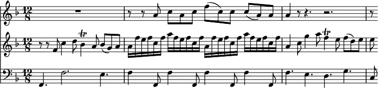 
<< <<
\new Staff { \clef treble \time 12/8 \key f \major 
    \set Staff.midiInstrument = "french horn" \set Score.tempoHideNote = ##t 
    \relative c'' { 
    R1. | r8 r a8 c a c f( c) c c( a) a |
    a4 r8 r4. r2. |
    r8
    }
}
\new Staff { \clef treble \time 12/8 \key f \major 
    \set Staff.midiInstrument = "viola"
    \relative c' { 
    r8 r f c'4 d8 bes4\trill a8 bes( g) a |
    a16[ f' e f c f] a[ f e f c f] a,[ f' e f c f] a[ f e f c f] |
    a,4 c8 g'4 a8 f4\trill e8 f( d) e |
    e8
    }
}
\new Staff { \clef bass \time 12/8 \key f \major 
    \set Staff.midiInstrument = "bassoon"
    \relative c { 
    f,4. f'2. e4. | f4 f,8 f'4 f,8 f'4 f,8 f'4 f,8 | 
    f'4. e d g | c,8
    }
}
>> >>
\layout { indent = #0 }
\midi { \tempo 4. = 60 }
