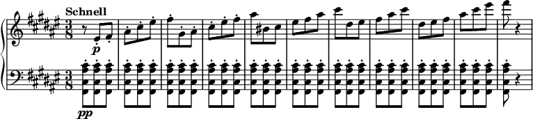 
\relative c' {
  \new PianoStaff <<
    \new Staff {
      \set Staff.midiInstrument = #"piano" \key fis \major \clef treble \time 3/8 \set Score.tempoHideNote = ##t \tempo "Schnell" 4 = 175
      r8 eis8 \p -. fis8 -. |
      ais8 -. cis8 -. eis8 -. |
      fis8 -. gis,8 -. ais8 -. |
      cis8 -. eis8 -. fis8 -. |
      ais8 bis,8 cis8 |
      eis8 fis8 ais8 |
      cis8 dis,8 eis8 |
      fis8 ais8 cis8 |
      dis,8 eis8 fis8 |
      ais8 cis8 eis8 |
      fis8 r4 |
    }
    \new Staff {
      \set Staff.midiInstrument = #"piano" \key fis \major \clef bass
      <fis,,,, cis' ais' cis>8 \pp -. <fis cis' ais' cis>8 -. <fis cis' ais' cis>8 -. |
      <fis cis' ais' cis>8 -. <fis cis' ais' cis>8 -. <fis cis' ais' cis>8 -. |
      <fis cis' ais' cis>8 -. <fis cis' ais' cis>8 -. <fis cis' ais' cis>8 -. |
      <fis cis' ais' cis>8 -. <fis cis' ais' cis>8 -. <fis cis' ais' cis>8 -. |
      <fis cis' ais' cis>8 -. <fis cis' ais' cis>8 -. <fis cis' ais' cis>8 -. |
      <fis cis' ais' cis>8 -. <fis cis' ais' cis>8 -. <fis cis' ais' cis>8 -. |
      <fis cis' ais' cis>8 -. <fis cis' ais' cis>8 -. <fis cis' ais' cis>8 -. |
      <fis cis' ais' cis>8 -. <fis cis' ais' cis>8 -. <fis cis' ais' cis>8 -. |
      <fis cis' ais' cis>8 -. <fis cis' ais' cis>8 -. <fis cis' ais' cis>8 -. |
      <fis cis' ais' cis>8 -. <fis cis' ais' cis>8 -. <fis cis' ais' cis>8 -. |
      <fis cis' ais' cis>8 -. r4 |
    }
  >>
}
