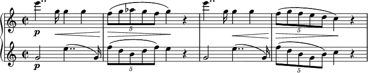 
{ \new PianoStaff <<
\new Staff \relative e''' { \set Staff.midiInstrument = #"piano" \key c \major \clef treble \time 2/2 \set Score.tempoHideNote = ##t \tempo 2 = 43
  e4.. \p g,16 \< g4 g4 | % 2
  \once \override TupletBracket #'stencil = ##f
  \times 4/5  {
    f8 \! \> ( g8 as8 g8 f8
  }
  g4 \! ) r4 | % 3
  e'4.. g,16 g4 \< g4 | % 4
  \once \override TupletBracket #'stencil = ##f
  \times 4/5  {
    f8 \! \> ( g8 f8 e8 d8
  }
  c4 \! ) r4
  }
\new Staff \relative g' { \set Staff.midiInstrument = #"piano" \key c \major \clef treble \time 2/2
  g2 \p e'4.. ( g,16 ) | % 2
  \once \override TupletBracket #'stencil = ##f
  \times 4/5  {
    f'8 ( d8 b8 d8 f8 )
  }
  e4 r4 | % 3
  g,2 e'4.. ( g,16 ) | % 4
  \once \override TupletBracket #'stencil = ##f
  \times 4/5  {
    f'8 ( d8 b8 g8 b8 )
  }
  c4 r4 }
>> }
