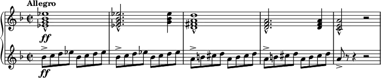 
\relative c' {
  \new PianoStaff <<
    \new Staff {
      \set Staff.midiInstrument = #"piano" \key d \minor \clef treble \time 2/2 \set Score.tempoHideNote = ##t \tempo "Allegro" 2 = 110
      <es g bes es>1 \ff _^ |
      <es g bes es>2. _^ <g bes es>4 |
      <d fis a d>1 _^ |
      <d f a>2. _^ <d f a>4 |
      <c e a>2 _^ r2 |
    }
    \new Staff {
      \set Staff.midiInstrument = #"piano" \key d \minor \clef treble \time 2/2
      bes'8 -> \ff c8 d8 es8 bes8 c8 d8 es8 |
      bes8 -> c8 d8 es8 bes8 c8 d8 es8 |
      a,8 -> b8 cis8 d8 a8 b8 cis8 d8 |
      a8 -> b8 cis8 d8 a8 b8 cis8 d8 |
      a8 -> r8 r4 r2 |
    }
  >>
}
