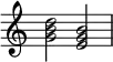  {
\override Score.TimeSignature #'stencil = ##f
\relative c'' { 
  \clef treble \time 4/4
  <g b d>2 <e g b>
} }
