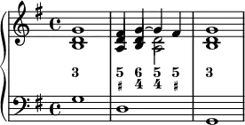 
    {
      \new PianoStaff <<
        \new Staff <<
            \new Voice \relative c' {
                 \clef treble \key g \major \time 4/4 \tempo 2 = 45 \set Score.tempoHideNote = ##t
              <b d g>1 | << {fis'4 g~ g fis} \\ {s2 d} \\ {\once \override NoteColumn.force-hshift = 0 d4 \once \override NoteColumn.force-hshift = 0 d s2} \\ {s2 \once \override NoteColumn.force-hshift = 0 a} \\ {\once \override NoteColumn.force-hshift = 0 a4 \once \override NoteColumn.force-hshift = 0 b s2} >> |
              < b d g >1 |
                }
                \new FiguredBass {
                    \figuremode {
                     <3>1 <5 _+>4 <6 4> <5 4> <5 _+> <3>1
    }
  }
            >>
        \new Staff <<
            \new Voice \relative c' {
                \stemDown \clef bass \key g \major \time 4/4
                g1 d g,
                }
            >>
    >> }
