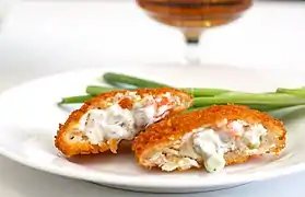 Bread fried in breadcrumbs and stuffed with chicken and corn