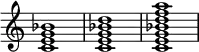 
{
\override Score.TimeSignature #'stencil = ##f
\relative c' {
   \clef treble
   \time 4/4
   \key c \major
   <c e g bes>1
   <c e g bes d>1
   <c e g bes d f a>1
} }
