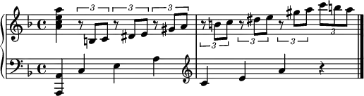 
\new GrandStaff <<
  \new Staff \relative c'' {
    \key f \major
    <a c e a>4 \times 2/3 { r8 b, c } \times 2/3 { r dis e } \times 2/3 { r gis a } |
    \times 2/3 { r8 b c } \times 2/3 { r dis e } \times 2/3 { r gis a } \times 2/3 { c b a } |
  }
  \new Staff \relative c {
    \clef "bass"
    \key f \major
    <a a,>4 c e a |
    \clef "treble" c4 e a r | \bar "|."
  }
>>
