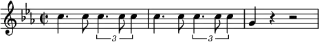 
{ \new PianoStaff <<
\new Staff \relative c'' { \set Staff.midiInstrument = #"piano" \key c \minor \clef treble \time 2/2 \set Score.tempoHideNote = ##t \tempo 2 = 60
  c4. c8 \times 2/3 {
    c4. c8 c4
  }
  | % 2
  c4. c8 \times 2/3 {
    c4. c8 c4
  }
  | % 3
  g4 r4 r2
  }
>> }
