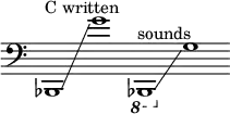 
    {
      \new Staff \with { \remove "Time_signature_engraver" }
      \clef bass \key c \major \cadenzaOn
      bes,,1 ^ \markup "C written" \glissando g'1
      \ottava #-1 bes,,,1 ^ \markup "sounds" \glissando \ottava #0 g1
    }
  