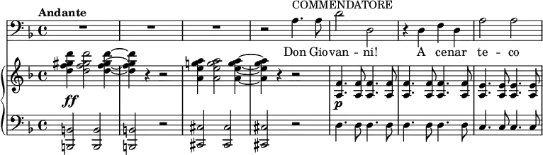 
{
      <<
        \new Staff <<
            \tempo Andante
            \relative c' {
                \set Score.tempoHideNote = ##t \tempo 4 = 86
                \set Staff.midiInstrument = #"trombone"
                \clef F \key d \minor
                R1 R1 R1 r2 a4.^"COMMENDATORE" a8 d2 d, r4 d f d a'2 a
                }
                \addlyrics { Don Gio -- van -- ni! A ce -- nar te -- co }
            >>
      \new PianoStaff <<
        \new Staff <<
           \set Staff.midiInstrument = #"string ensemble 1"
           \key d \minor
           \relative c'' {
                \override DynamicLineSpanner.staff-padding = #3
                <d f gis d'>4\ff <d f gis d'>2 <d f gis d'>4~ <d f gis d'>4 r4 r2 <a e' g! a>4 <a e' g a>2 <a e' g a>4~ <a e' g a>4 r4 r2 <a, f'>4.\p <a f'>8 <a f'>4. <a f'>8 <a f'>4. <a f'>8 <a f'>4. <a f'>8 <a e'>4. <a e'>8 <a e'>4. <a e'>8
                }
            >>
        \new Staff <<
           \clef F \key d \minor
           \relative c, {
                <b b'>2 <b b'> <b b'> r <cis cis'> <cis cis'> <cis cis'> r d'4. d8 d4. d8 d4. d8 d4. d8 c4. c8 c4. c8
                }
            >>
    >>  >> }
