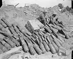 Men of the 9th Btn Royal Sussex Regiment and mortar bomb dump near Lens, September 3, 1918