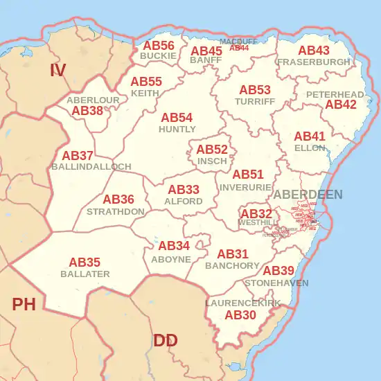 AB postcode area map, showing postcode districts, post towns and neighbouring postcode areas.