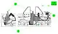 Front and side elevation diagrams of the Capture Latch (1) in the closed position.  The underside of the Ready-to-Latch Indicator (2) shows one set of springs that will be compressed by the PCBM Alignment Guide during capture. The cables (3) are for the latch and its limit switch, the RTL, and nearby Powered Bolts.