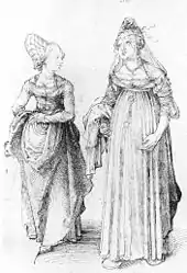 Image 16Albrecht Dürer's drawing contrasts a well-turned out bourgeoise from Nuremberg (left) with her counterpart from Venice. The Venetian lady's high chopines make her look taller. (from Fashion)