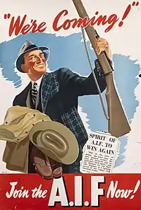  A drawing of a man wearing a 1940s-era business suit and hat, cradling a military uniform in his right arm and holding a rifle with his left hand. There is a blue background behind the man and a cutting from a newspaper to the right of him.