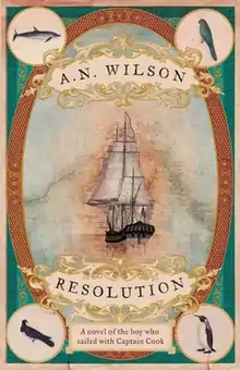 Title page of Resolution, showing a ship in the centre and drawings of animals in the corners