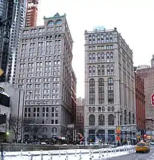 Looking south from the Brooklyn Bridge entrance; 150 Nassau Street is to the left, and 41 Park Row to the right