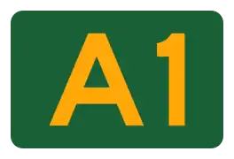 Alphanumeric route (used in NT, QLD, SA, VIC, TAS and partly NSW); may also be coloured orange-on-blue for tollways in VIC and QLD