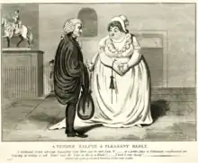 Drawing of a thin man dressed in black speaking to a curvaceous woman in an outdoor urban setting.