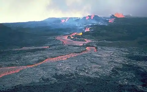 The active shield volcano Mauna Loa on the Island of Hawaiʻi is the most voluminous mountain on Earth.