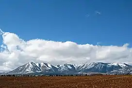 Snow-covered mountains protruding from a plain with tilled soil in the foreground.