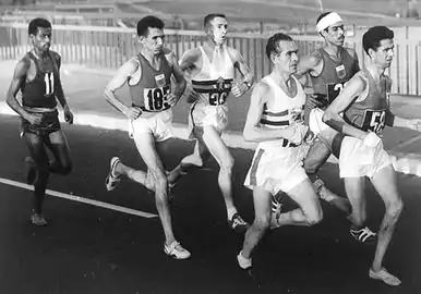 Abebe at the rear of the six-man lead pack near the 10-kilometre mark