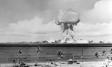 The airburst nuclear explosion of July 1, 1946. Photo taken from a tower on Bikini Island, 3.5 miles (5.6 km) away.