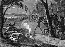 Image 3"Night attack of the natives on Lake Hope" (1866 wood engraving) (from History of South Australia)