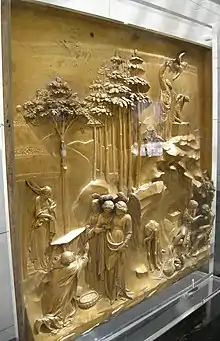 Angled view of a panel with the story of Abraham from the Gates of Paradise