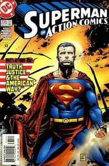 Superman on his knees surrounded by devastation and an American flag in tatters