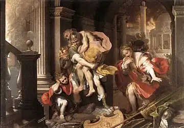 Sandra Ballif Straubhaar notes that in Roman legend, Aeneas escapes the ruin of Troy, while Elendil escapes that of Númenor. Painting Aeneas flees burning Troy by Federico Barocci, 1598