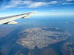 Xiamen Gaoqi International Airport and the Island of Xiamen seeing from the air