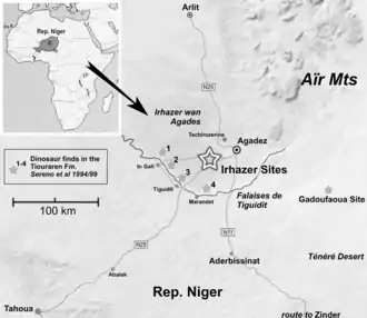 Drawn map showing dinosaur localities in Niger