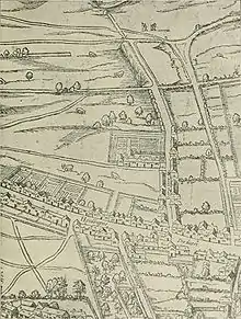  Layout of Gray's Inn, taken from a birds-eye view, showing the Inn as a single walled compound still surrounded by fields.