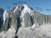 The northern side of the Aiguille Verte, with the Couturier and Cordier couloirs marked