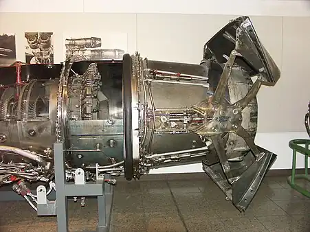 Low bypass turbofan (RB199) with afterburner. Visible at the left is the bypass duct surrounding the turbines. For the afterburner can be seen the bypass fuel injectors and bypass flame holders and core flameholder in the centre. The core fuel injection is unseen upstream. Reliable burning in the bypass air, which can be as cold as 300K, is guaranteed by collecting some of the turbine exhaust stream to heat the bypass flameholders. The buckets shown half-way between deployed and stowed positions are for the thrust reverser.