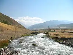 The river Ak-Suu flowing from the Narzan valley into the south end of Jardy-Suu village.