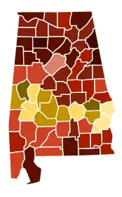 Image 38Map of counties in Alabama by racial plurality, per the 2020 census
Legend

 

Non-Hispanic White  40–50%  50–60%  60–70%  70–80%  80–90%  90%+
Black or African American  40–50%  50–60%  70–80%  80–90% 

 (from Alabama)