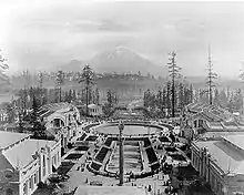 Alaska-Yukon-Pacific Exposition on the UW campus toward Mount Rainier in 1909, Geyser Basin at center