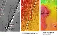 Graben near Alba Patera, as seen by THEMIS.  Graben and catenae, collapse features, both caused by faults.  When the crust is stretched, faults form and material falls into voids created by the stretching.  Uranius Tholus (upper) and Ceraunius Tholus (largest) volcanoes are visible in wide context view, below and to the right of Alba Patera.