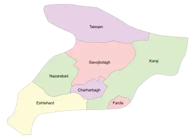 Location of Eshtehard County in Alborz province (yellow)