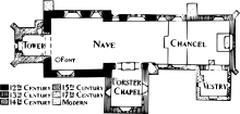 A floorplan of Aldermaston church, showing when different parts of the church were constructed