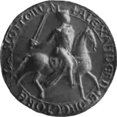 Greyscale photograph of the seal of Alexander II, King of Scotland.