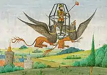 Alexander the Great conquering the air. Jean Wauquelin, Les faits et conquêtes d'Alexandre le Grand, Flanders, 1448–1449.