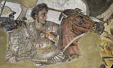 Image 10Alexander the GreatMosaic: UnknownAlexander the Great (356–323 BC), the King of Macedonia, as depicted in a detail from the Alexander Mosaic. Originally from the House of the Faun in Pompeii and dated to c. 100 BC, the mosaic depicts a battle between the armies of Alexander the Great and Darius III of Persia. It is believed to be a copy of an early 3rd century BC Hellenistic painting, probably by Philoxenos of Eretria. The whole mosaic measures 2.72 × 5.13 m (8 ft 11 in × 16 ft 9 in).More featured pictures