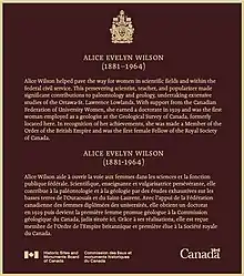 Plaque posthumously recognizing the significance of the work of Alice Wilson and her contributions to the field of geology.